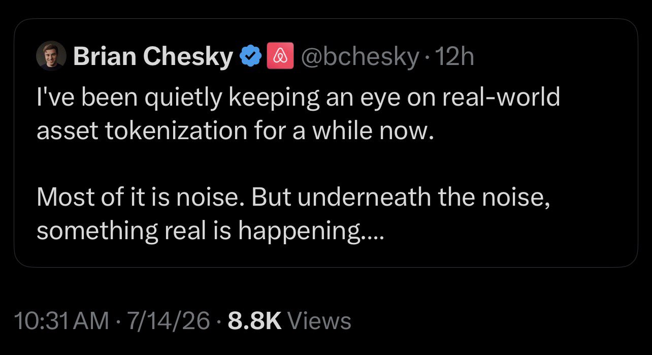Airbnb CEO Brian Chesky's now deleted tweet dismisses real-world asset tokenization as mostly noise, warning of overhyped promises.