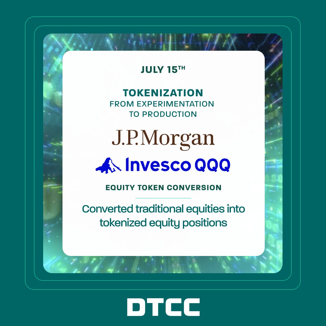 JPMorgan completes tokenized equity conversion using Invesco's QQQ Trust with DTCC infrastructure, showcasing real-world tokenization within traditional capital markets