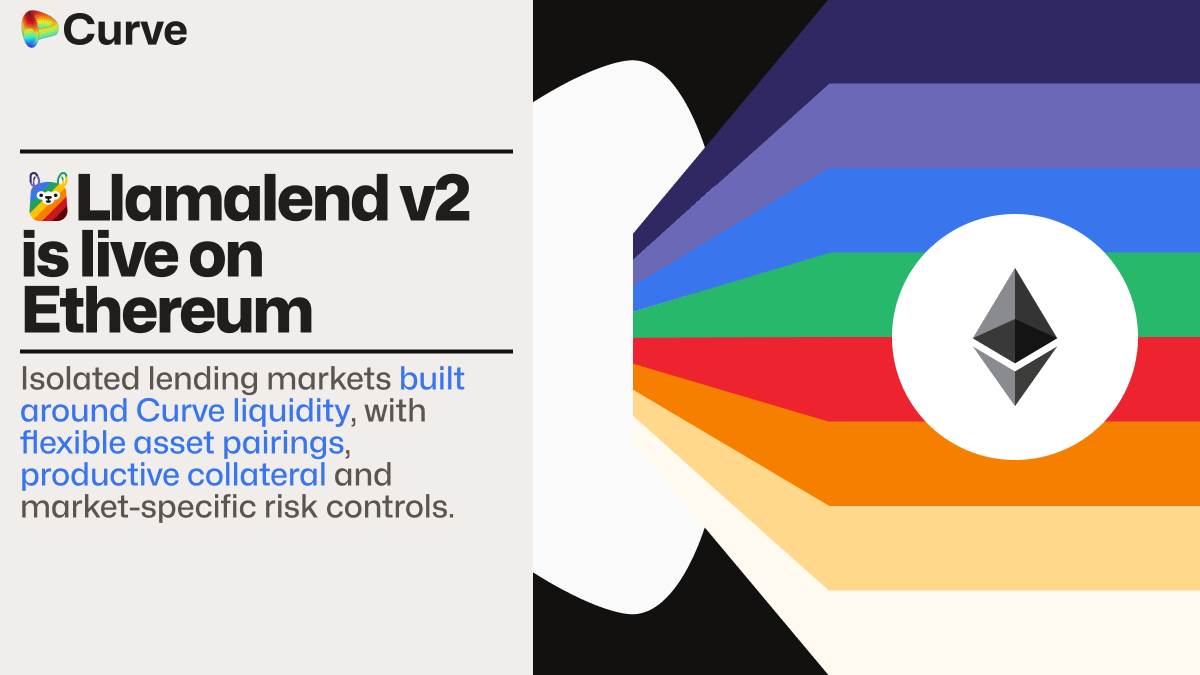 Llamalend v2 launches on Ethereum as isolated, LLAMMA-based lending markets built directly around Curve liquidity, enabling flexible asset pairings, productive Curve LP collateral, and governance-controlled borrow caps that open markets gradually for safer growth.