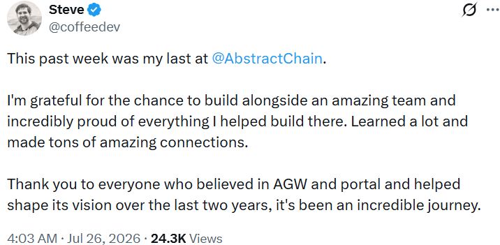 Developer Steve announced departure from Abstract Chain, the Ethereum Layer-2 from Igloo Inc. creators of Pudgy Penguins.