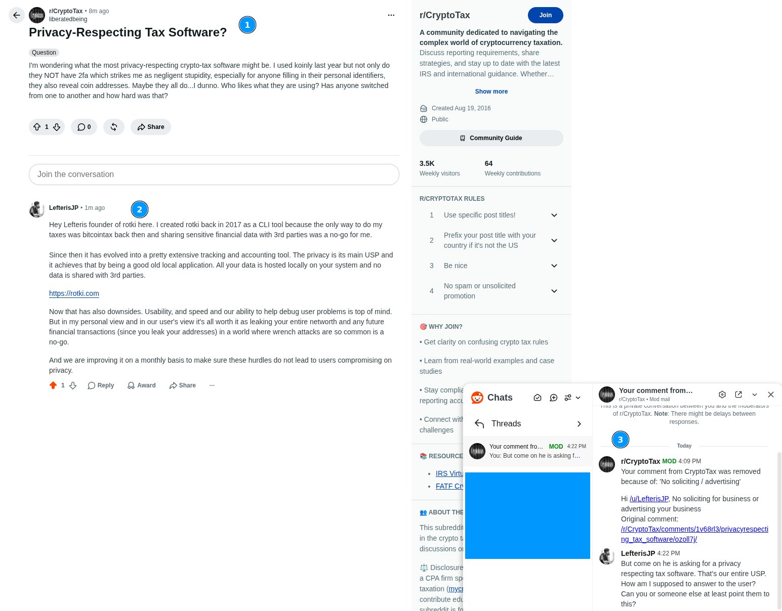 Rotki founder Karapetsas banned from r/CryptoTax for privacy tool recommendation after a user asked for the most privacy-respecting crypto tax tools, criticizing Koinly's security flaws.