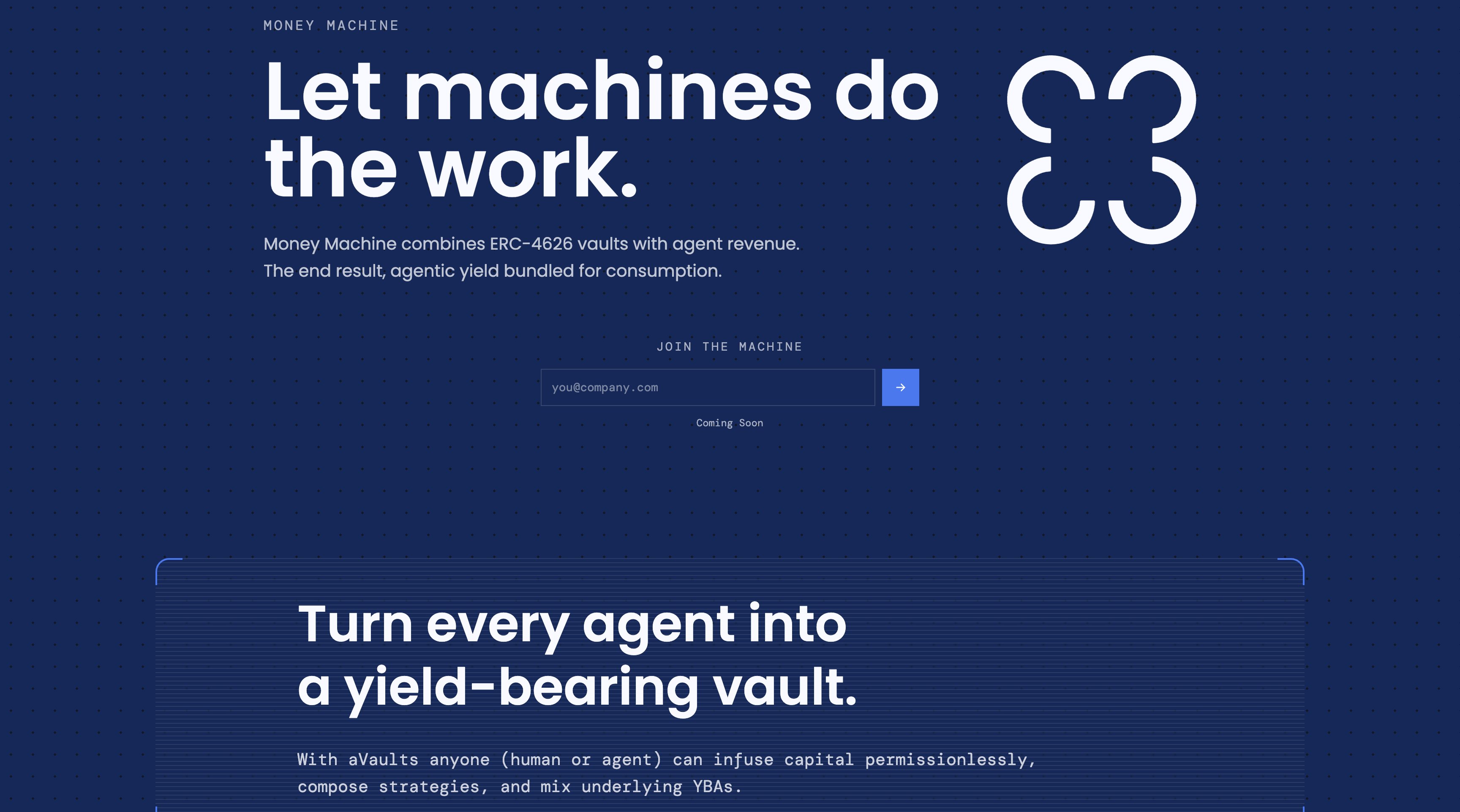 Money Machine combines ERC-4626 vaults with agent revenue to power the machine economy. It turn any agent into a yield-bearing vault and enable the user to experience autonomous revenue onchain.