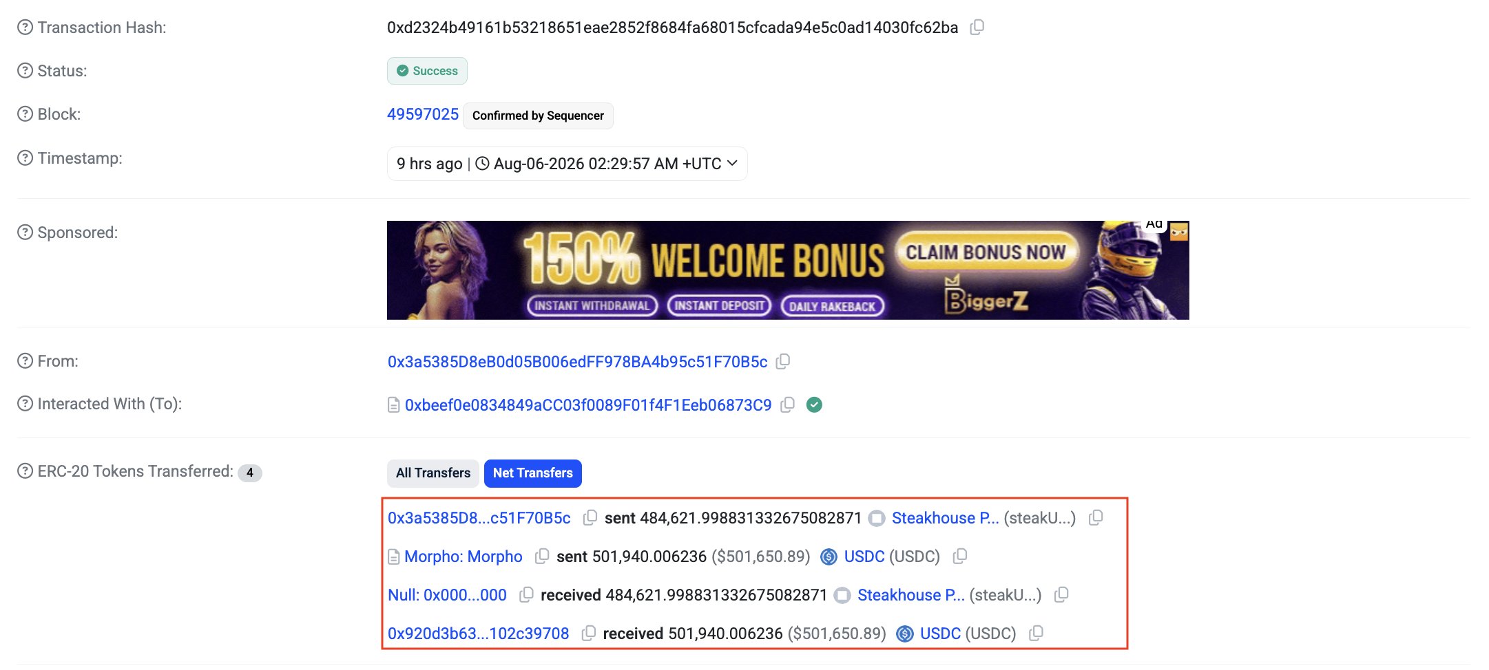 Hacker loses $371K of 500K USDC haul to MEV bot after failing to protect Base swap from slippage