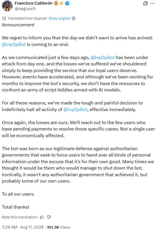 Lightning network peer-to-peer bot lnp2pBot suspends operations indefinitely after sustained attacks, citing AI-assisted adversaries