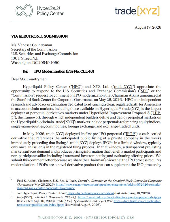 Hyperliquid Policy Center and trade[XYZ] propose pre-IPO perpetuals in SEC comment letter