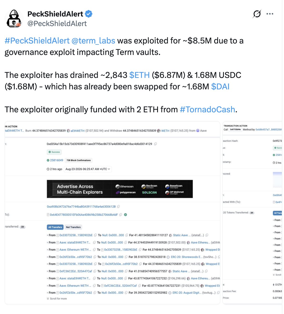 Term Labs suffers $8.5M governance exploit as attacker drains vaults and accumulates 2,843 ETH plus $1.6M DAI
