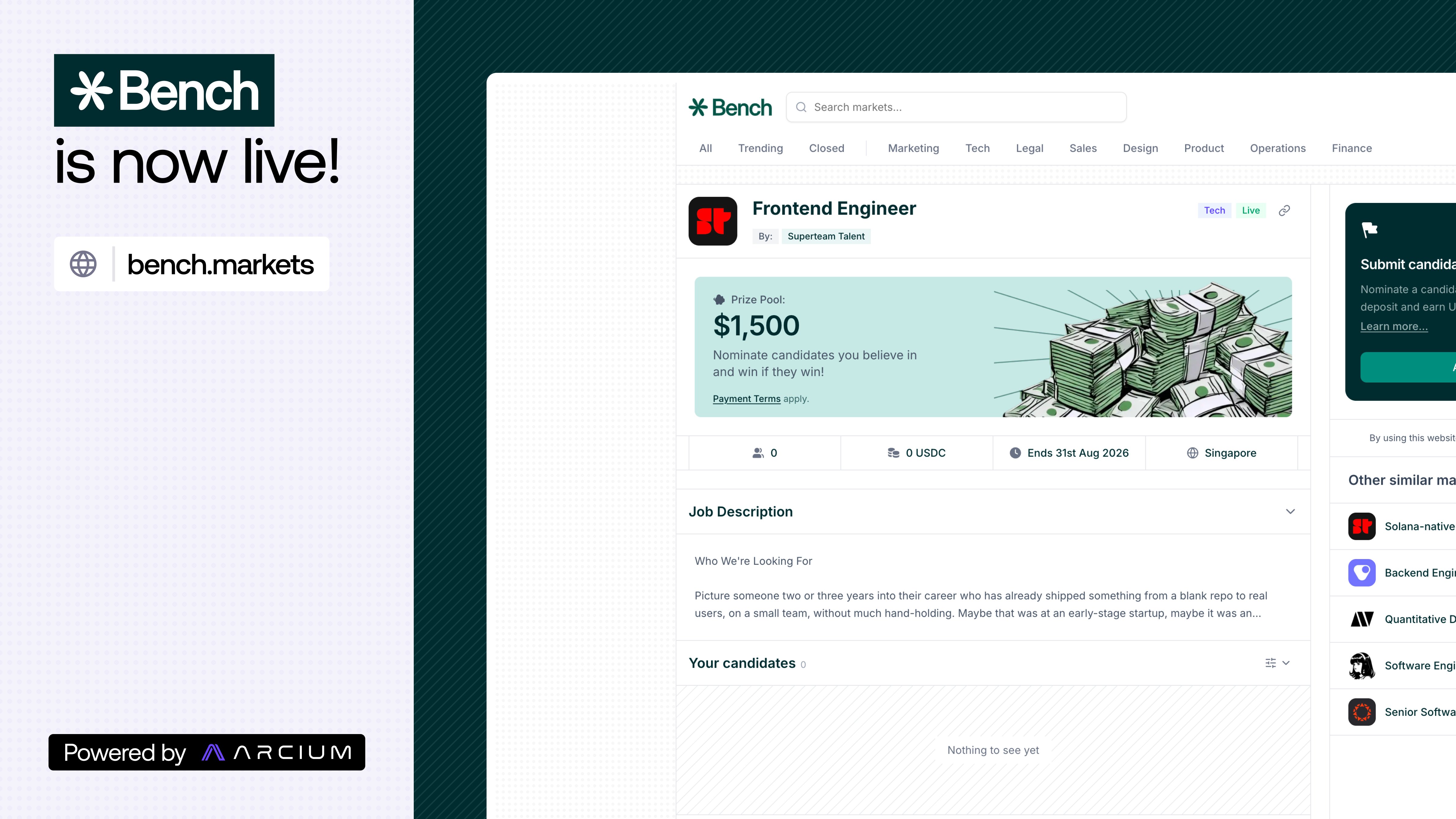 Bench launches on Solana Mainnet with Arcium-powered private hiring markets, letting users stake capital and referrals behind candidates they believe companies should hire