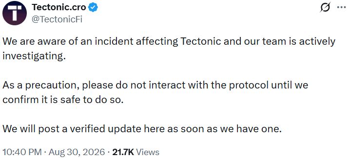 Cronos halts after $75M price manipulation attack exploit on its largest lending protocol, Tectonic on August 30, 2026. The exploiter bought up illiquid TONIC tokens to inflate their value 100 times and collateralize loans worth $75M to $120M in USDC, USDT, Bitcoin, Ether, and CRO.