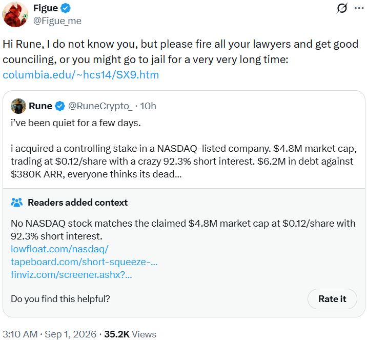 Rune acquires 37.4% stake in Nasdaq-listed firm for $1.8M, warns legal counsel may face jail time