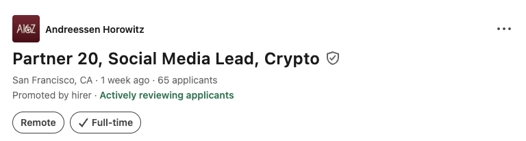 a16z crypto seeks social media lead with $199K–$232K salary, focusing on crypto and internet culture