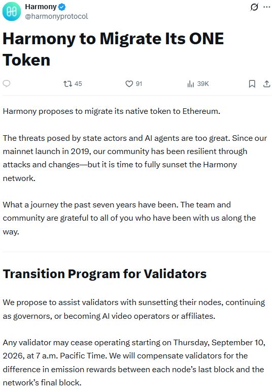 Harmony proposes shutting down mainnet, migrating ONE token to Ethereum by September 2026. The team plans to pivot into AI video economy business.
