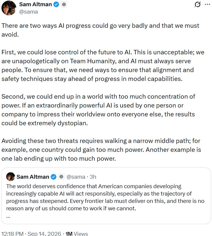 Sam Altman warns AI progress risks losing control to AI or concentrating power in one lab, company or country