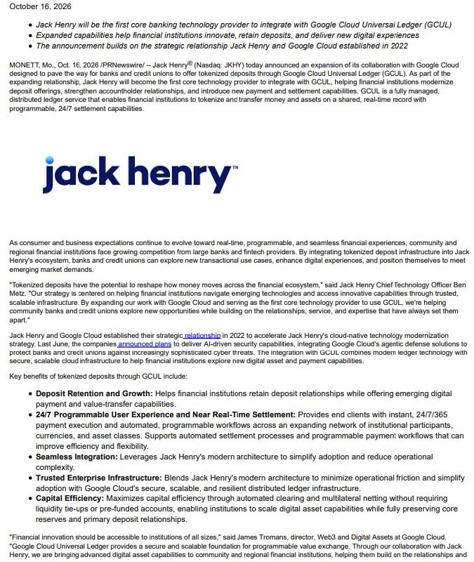 Jack Henry to become first core banking provider on Google Cloud Universal Ledger for tokenized deposits