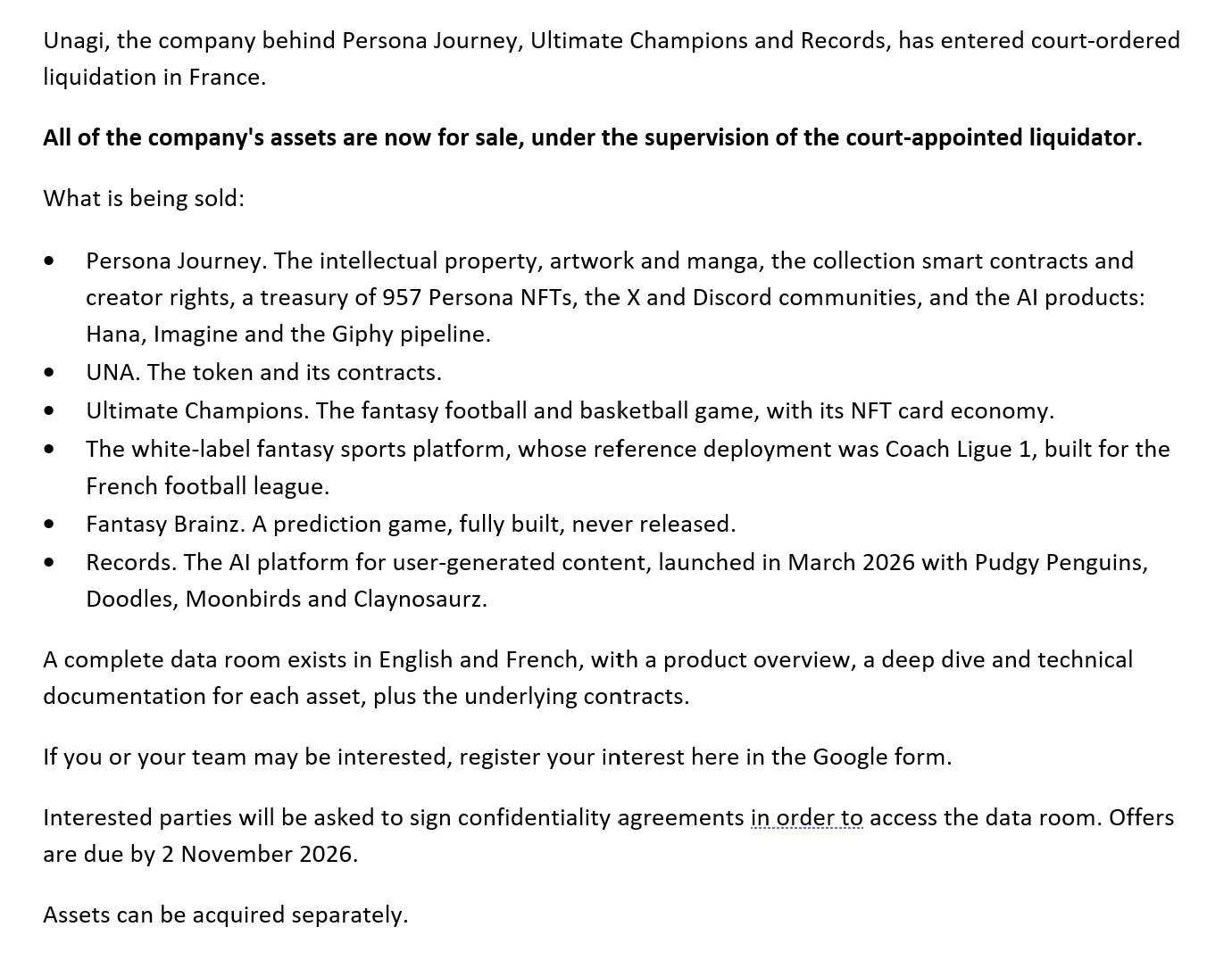 Unagi, maker of Persona Journey and Ultimate Champions, enters court-ordered liquidation in France