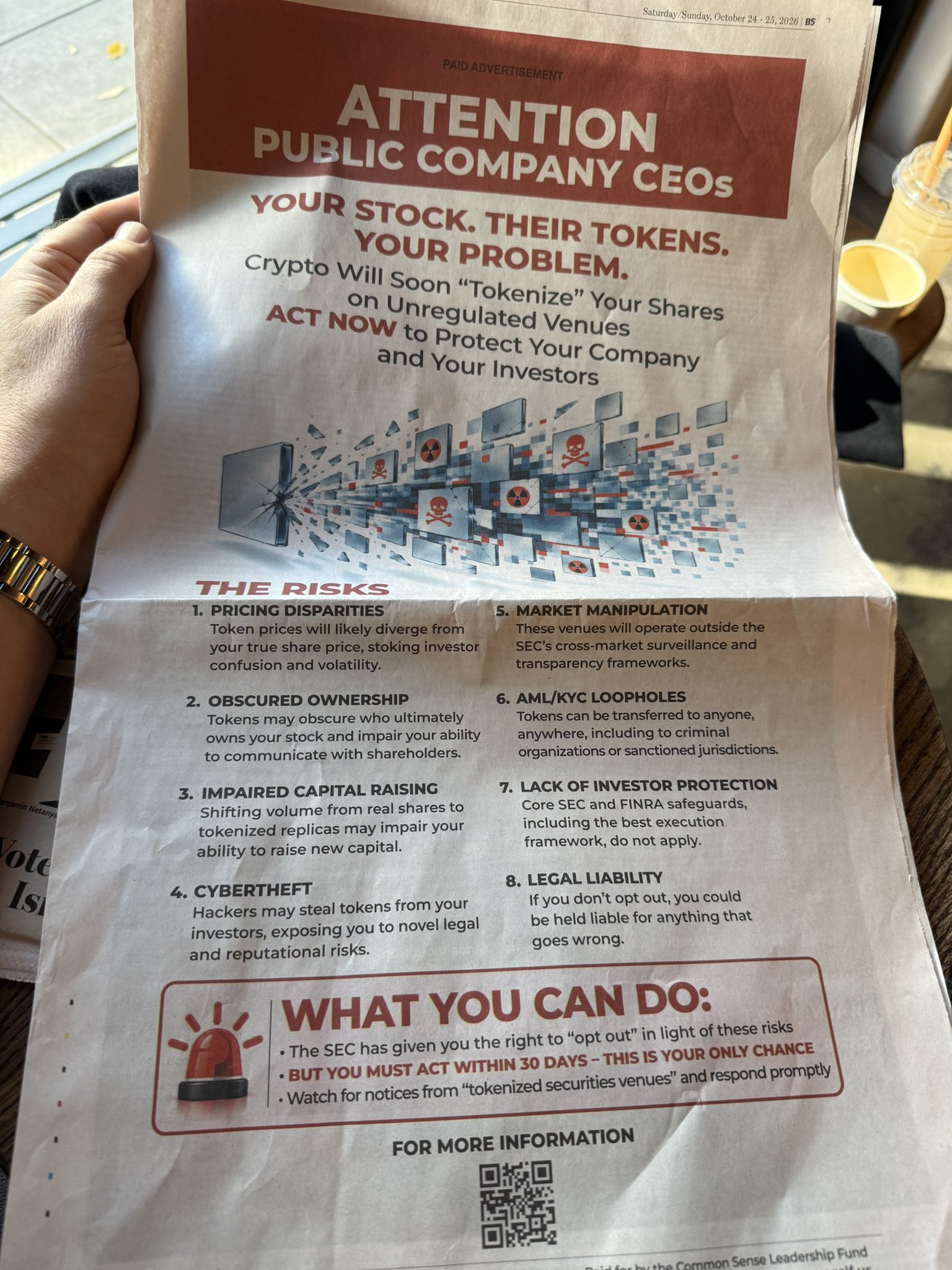 Full-page WSJ ad pushes back against tokenized equities