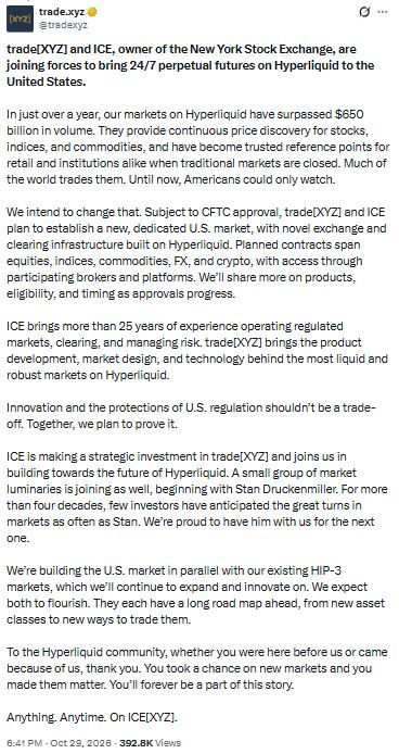 ICE and tradeXYZ plan U.S. perpetual futures market on Hyperliquid, pending CFTC approval