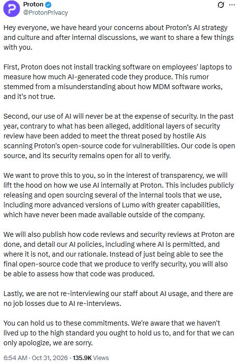 Proton denies AI tracking rumors, promises to open source internal AI tools and publish its AI policies